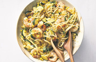 Kabak, mısır ve karidesli linguine
