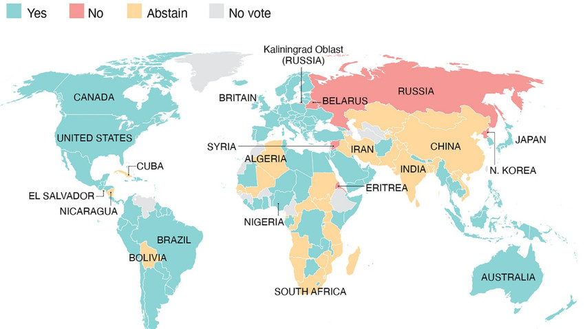 BM'nin Rusya'nın Ukrayna işgalini kınama oylamasında ülkelerin konumları. (Mavi:Evet, Kırmızı: Hayır, Sarı: Çekimser, Gri: Oy yok) (The New York Times)