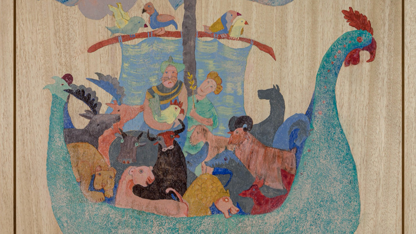 Can Göknil, Tufan, 2022, ahşap üzerine akrilik sarkaçlı pano, 34 x 44 cm
