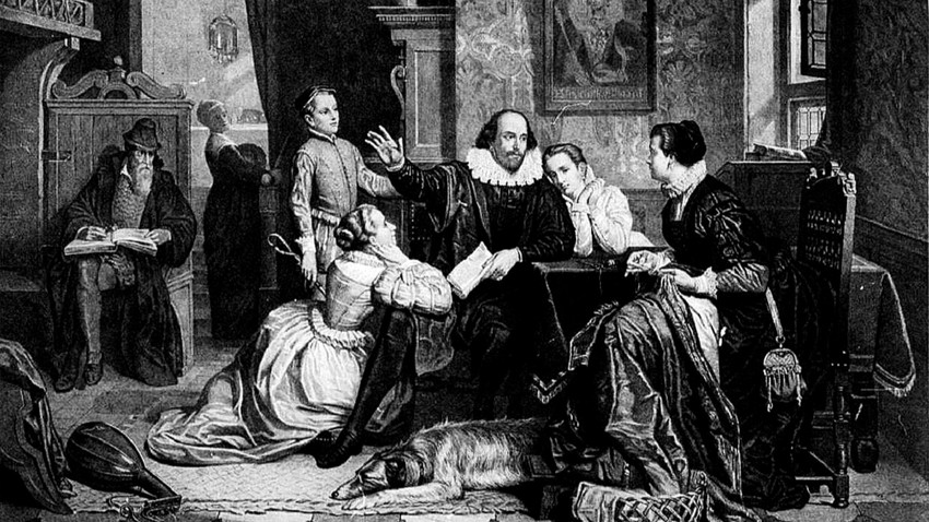 Shakespeare, Hamlet oyununu ailesine okurken... Eşi Anne Hathaway sağında, oğlu Hamnet arkasında ayakta.