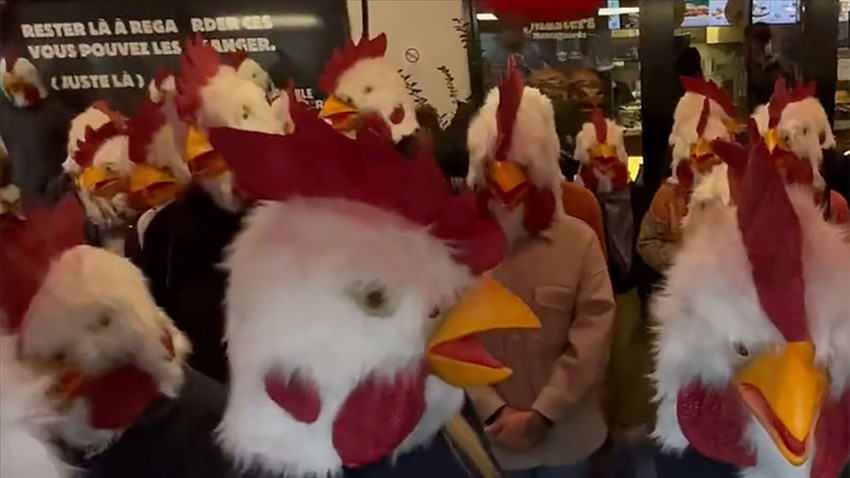 Paris'te aktivistler tavuk maskeleriyle fast food restoranını bastı