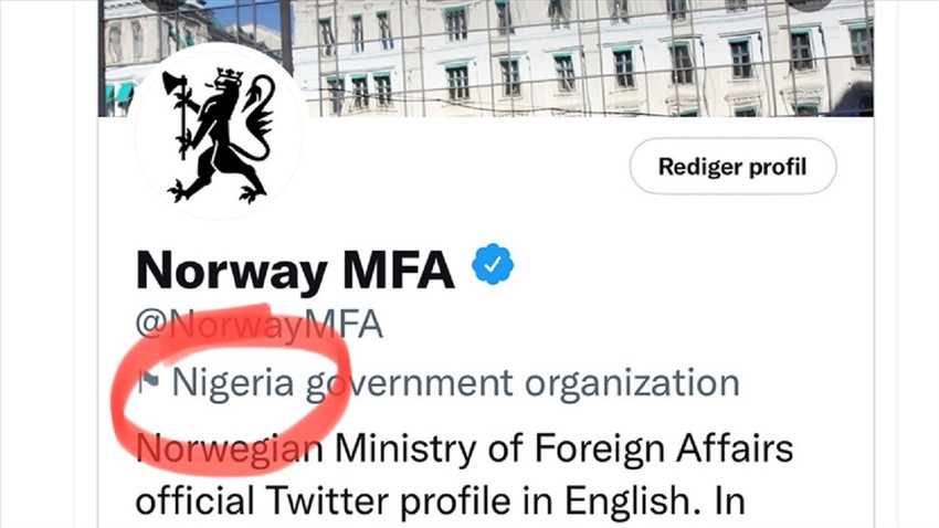 Norveç Dışişleri Bakanlığı, Twitter'da 'Nijerya hükümet kurumu' olarak etiketlendi