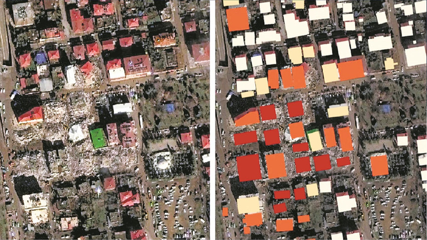 İslahiye- Uydu fotoğraflarını analiz eden xView2 daha ağır hasar alan yerleri daha koyu kırmızı renkle gösteriyor. (Sol-Uydu görüntüsü / Sağ- View2 analizi)