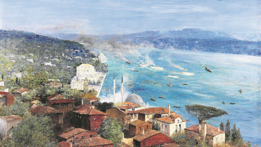 Max Rabes (1868-1944), Kayzer II. Wilhelm’in 1898’de İstanbul’u ziyaretinde SMY Hohanzollern II Dolmabahçe sarayı önlerinde. Tuval üzerine yağlı boya.