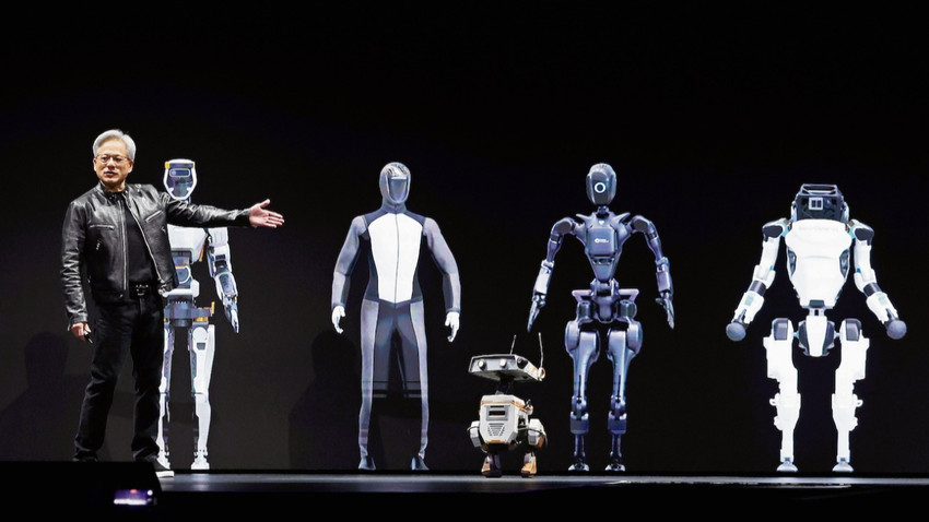 Nvidia CEO’su  Jensen Huang Nvidia çipiyle donanmış  insansı robotları anlattı. (Getty Images)