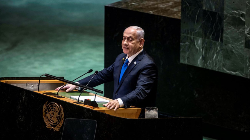 İsrail Başbakanı Binyamin Netanyahu, 27 Eylül 2024 tarihinde BM Genel Kurulu'nun 79. oturumunda konuşma yapıyor (Dave Sanders/The New York Times)