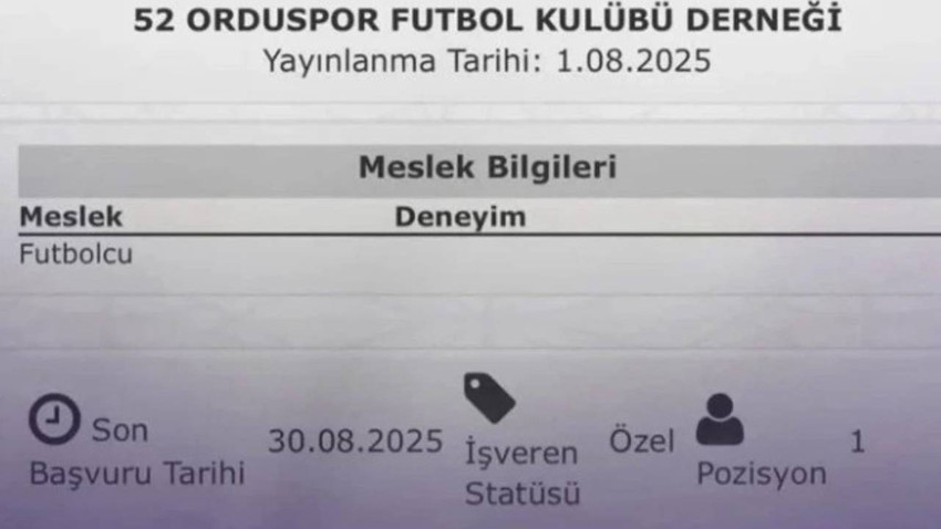 52 Orduspor İŞKUR'dan futbolcu arıyor: Son başvuru tarihi 30 Ağustos