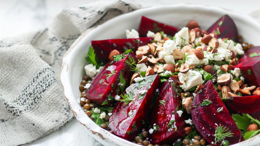 Kavrulmuş pancar, mercimek ve fındıklı salata