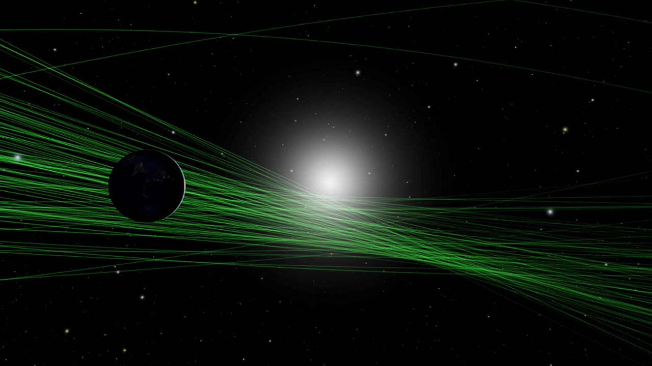 Fotoğraf yörüngeleri yeşil çizgilerle gösteriyor (Fotoğraf: B612 Asteroit Enstitüsü/Washington Üniversiitesi DiRAC Enstitüsü/Open Space Project via The New York Times)