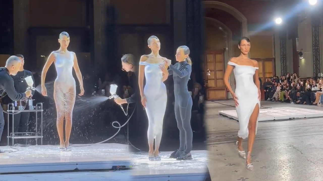 Coperni defilesinde McQueen'e saygı duruşu: Bella Hadid'e spreyle elbise yapıldı