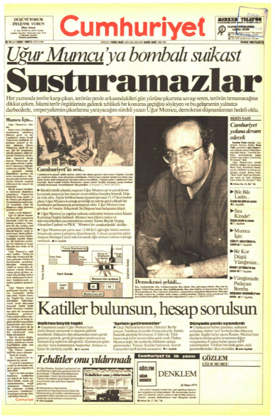 Cumhuriyet gazetesinin 25 Ocak 1992 tarihli ilk sayfası
