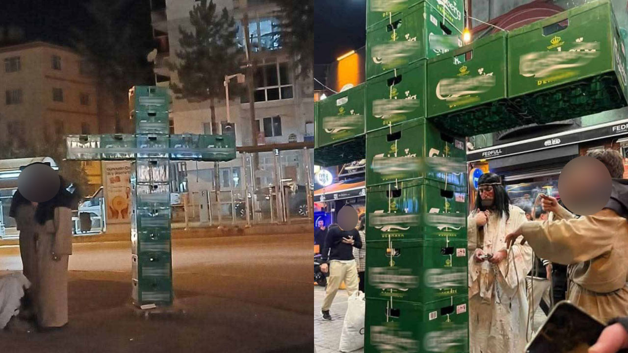 Cadılar Bayramı'nda bira kasalarından 'haç' yapan 3 kişi gözaltına alındı